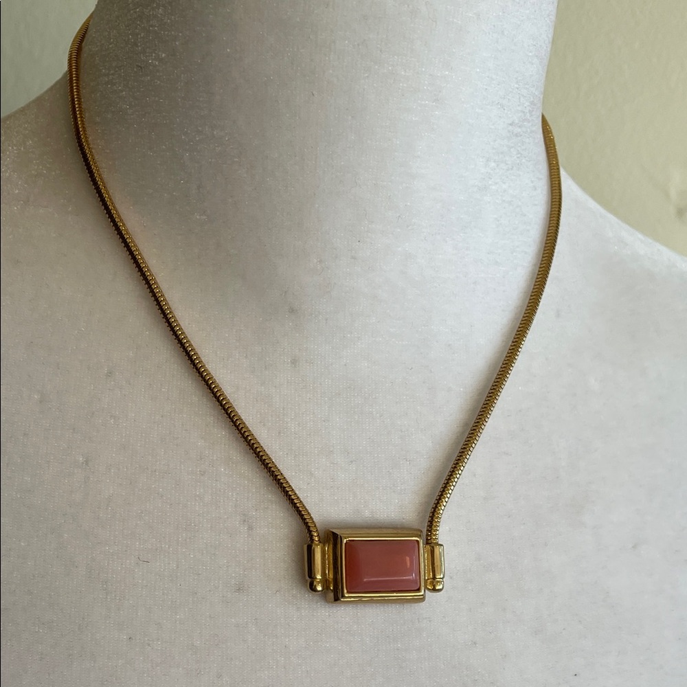 GIVENCHY Gold Serpentine Chain Rectangle Pink Cabochon Stone Necklace Vintage